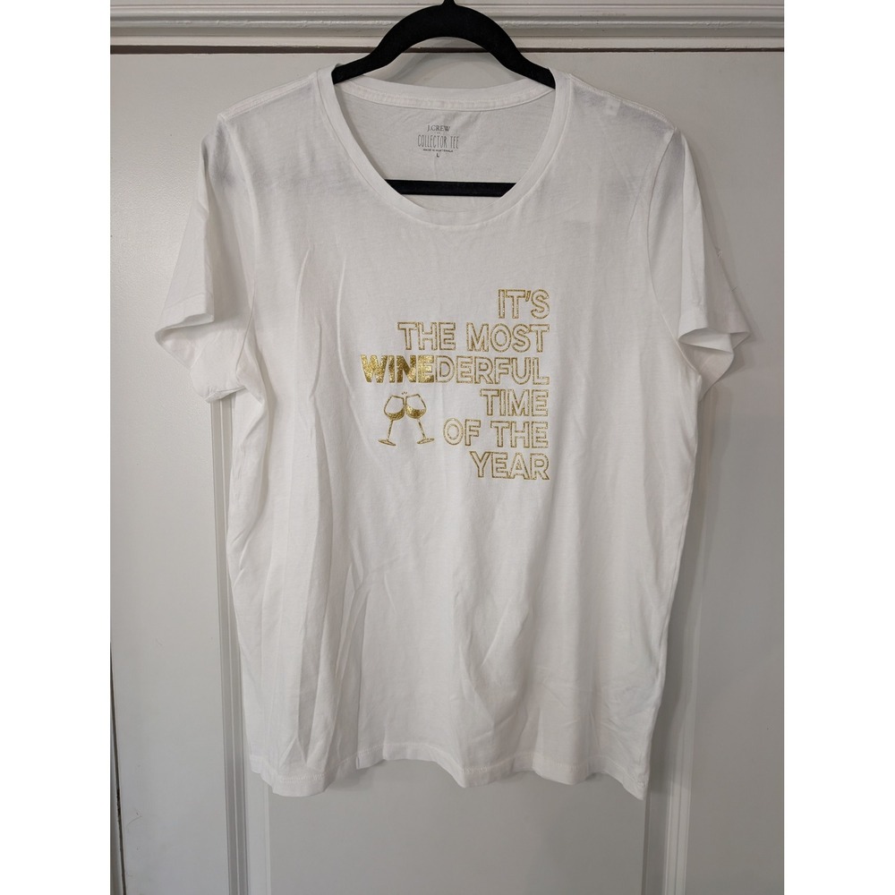 J.Crew Collector Tee White Gold Glitter Wine-derful Holiday Graphic Shirt L NEW